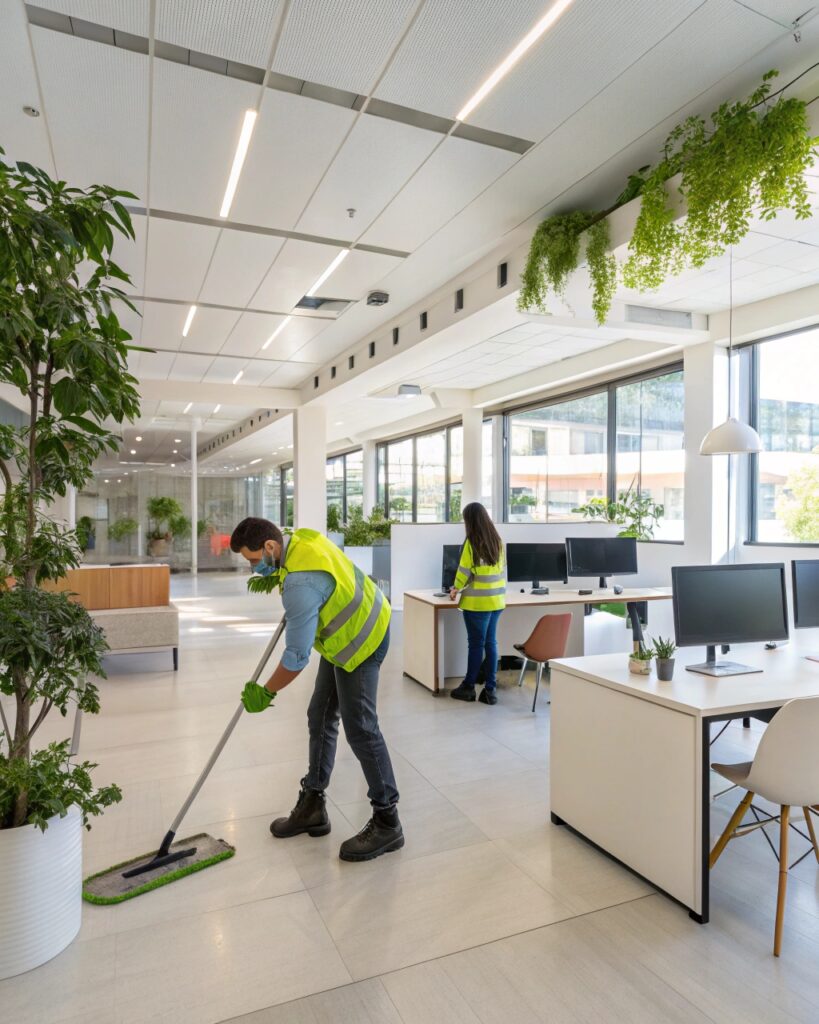 Oficina moderna limpia tras limpieza profesional.