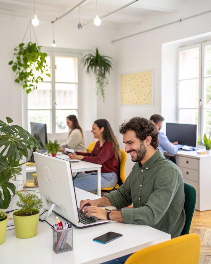 Empleados felices en oficina limpia.